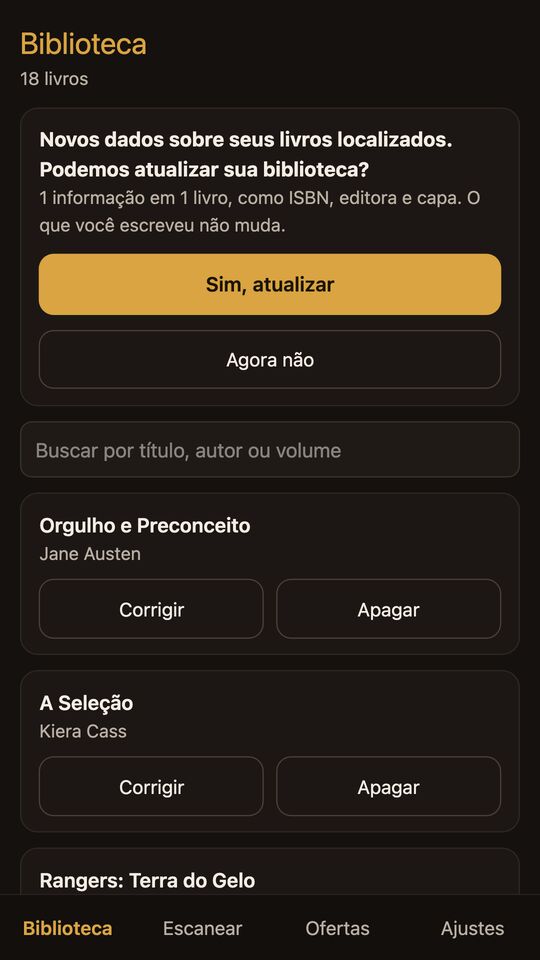 Aviso com novos dados sobre os livros e botões Sim atualizar e Agora não